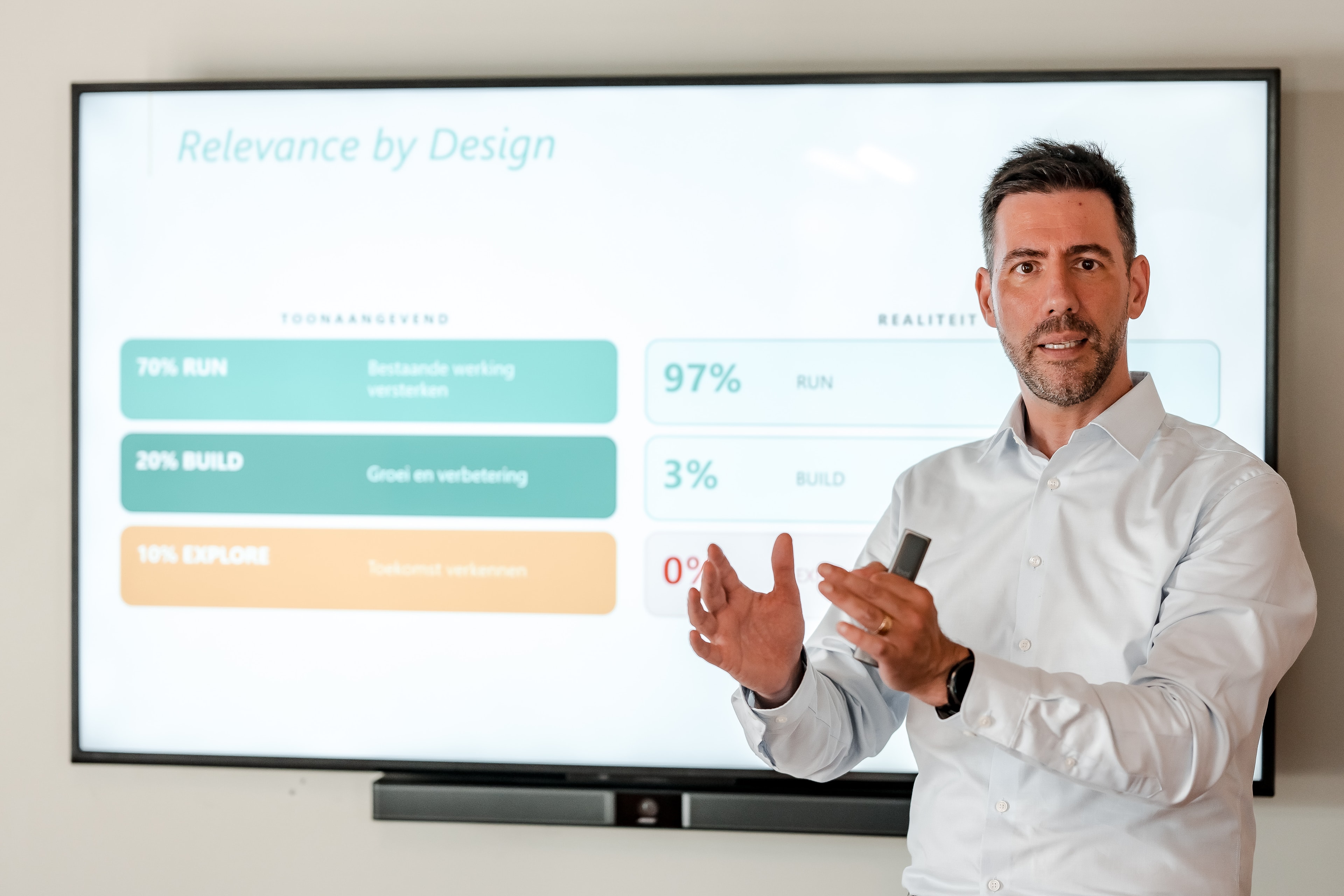 Tom Verleysen on stage, Relevance by Design slide